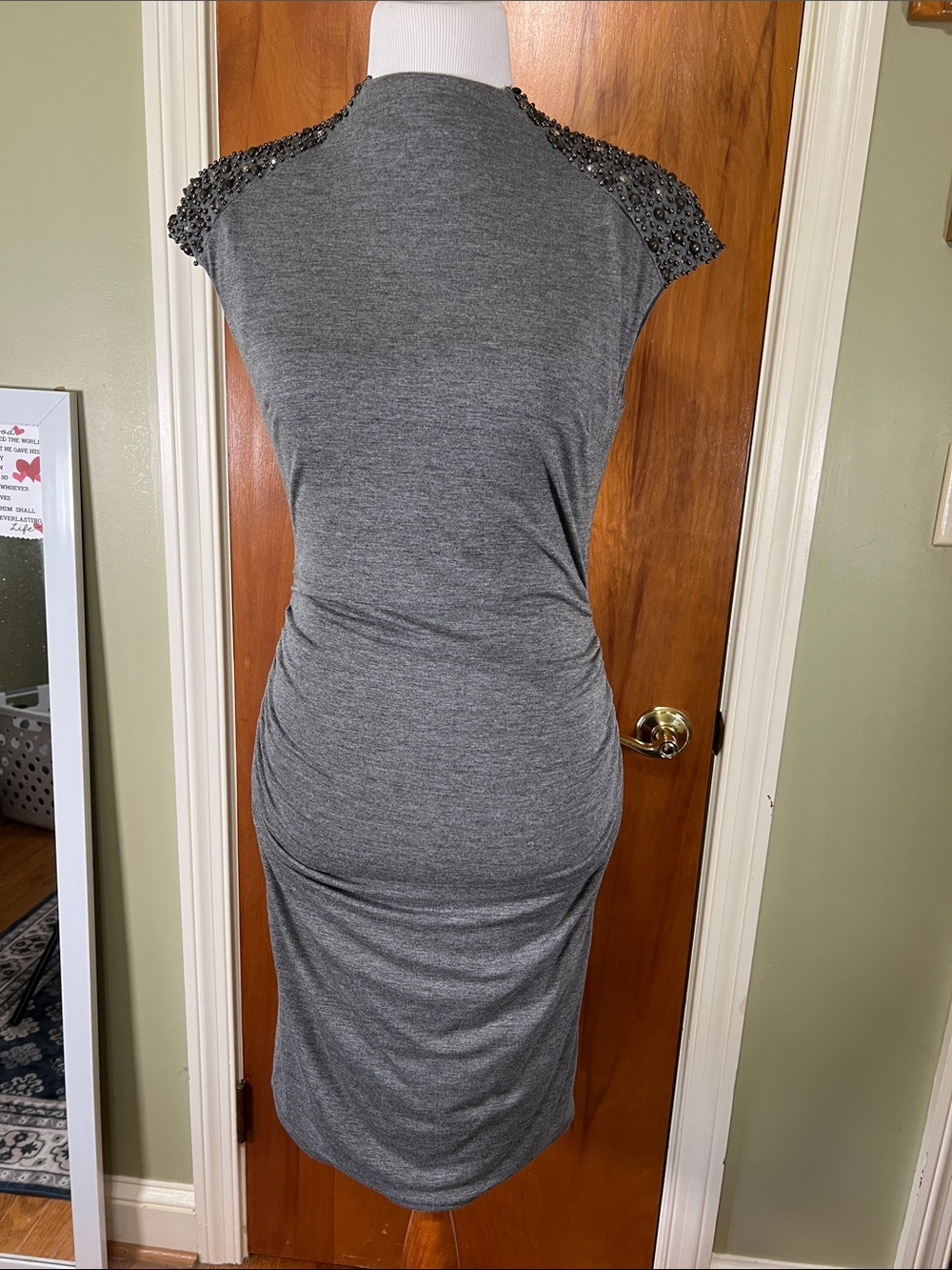 Joseph Ribkoff Charcoal Grey Beaded-Shoulder Midi Dress